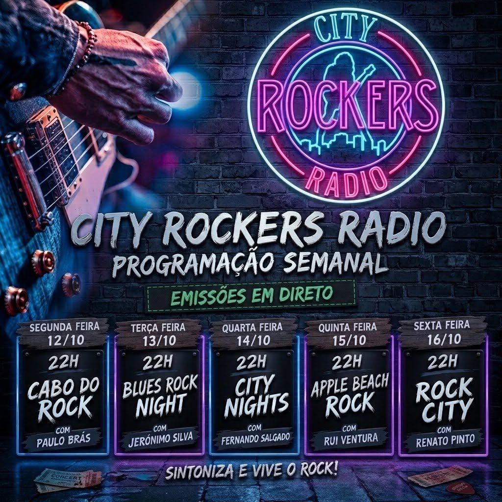 Cartaz da programação semanal da City Rockers Rádio, com emissões de segunda a sexta-feira às 22 horas.